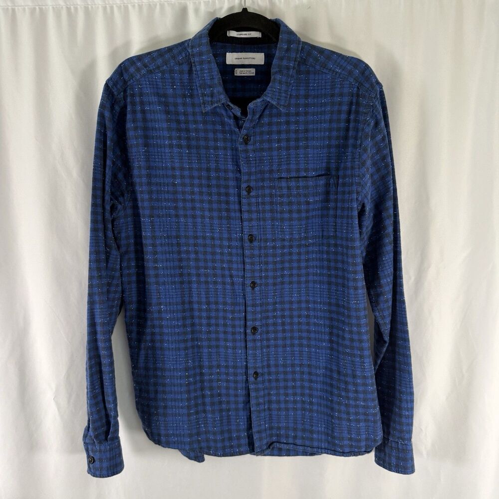 Urban Outfitters Button Down Shirt Men's Medium Blue Plaid Textured Standard Fit